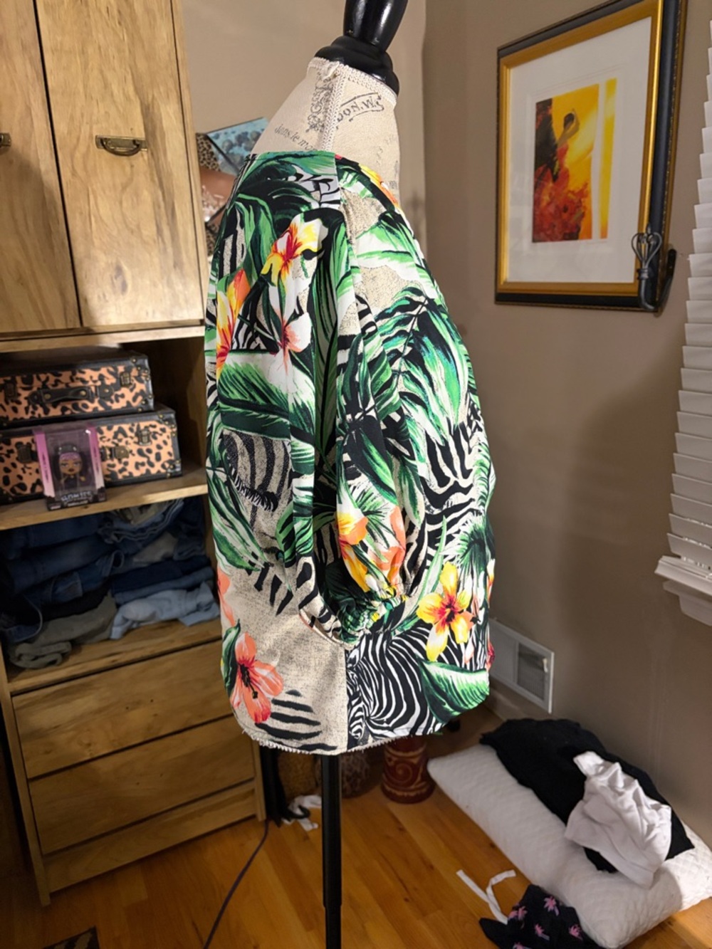 NY & Co. Tropical Wrap Front Blouse with Green Leaf Print - Medium - Picture 2 of 5